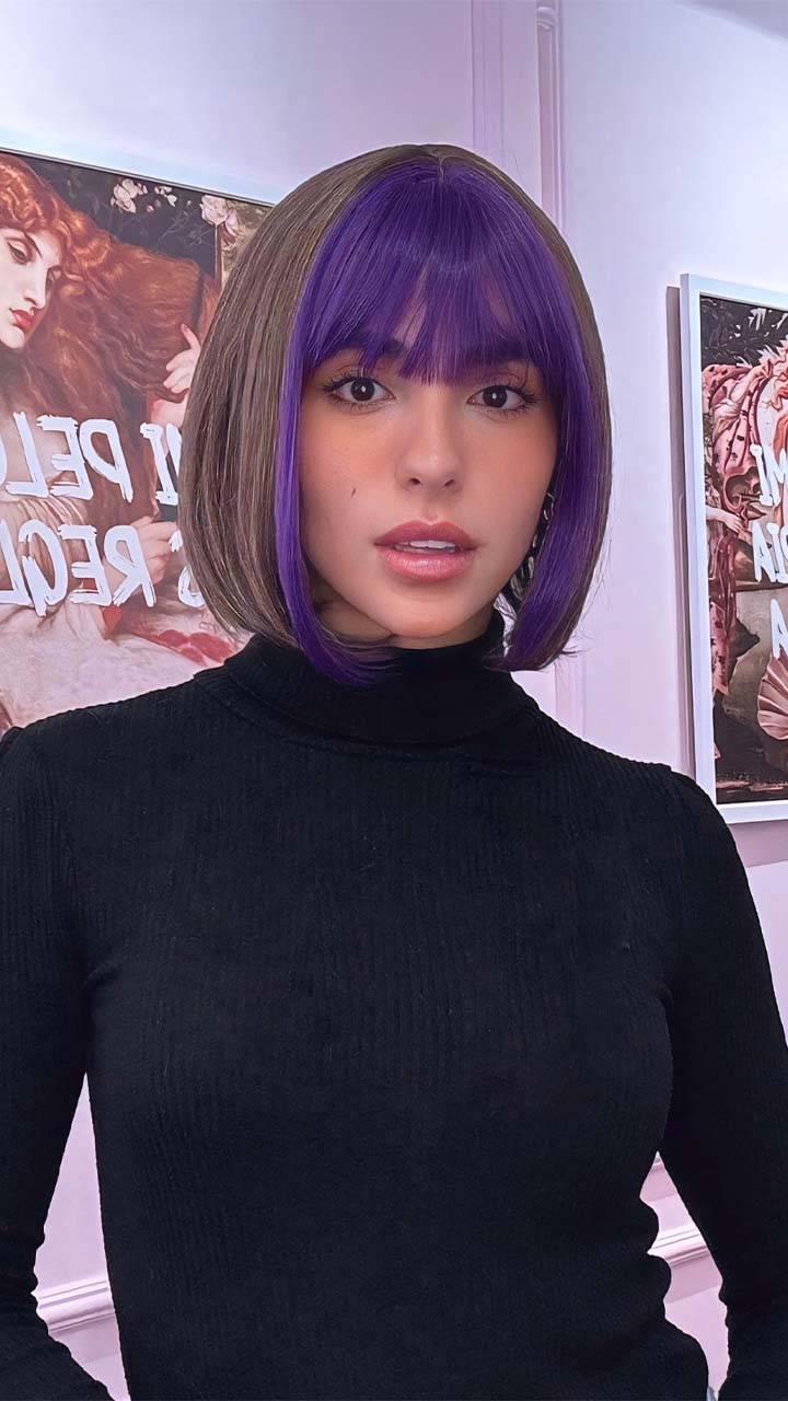 Peluca con capul, mini, castaño claro, capul y chunk morado, lisa