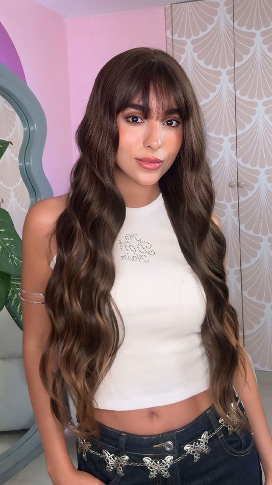 Peluca de Capul, X-Long Onda Natural, Base Castaño Oscuro Balayage Castaño Claro