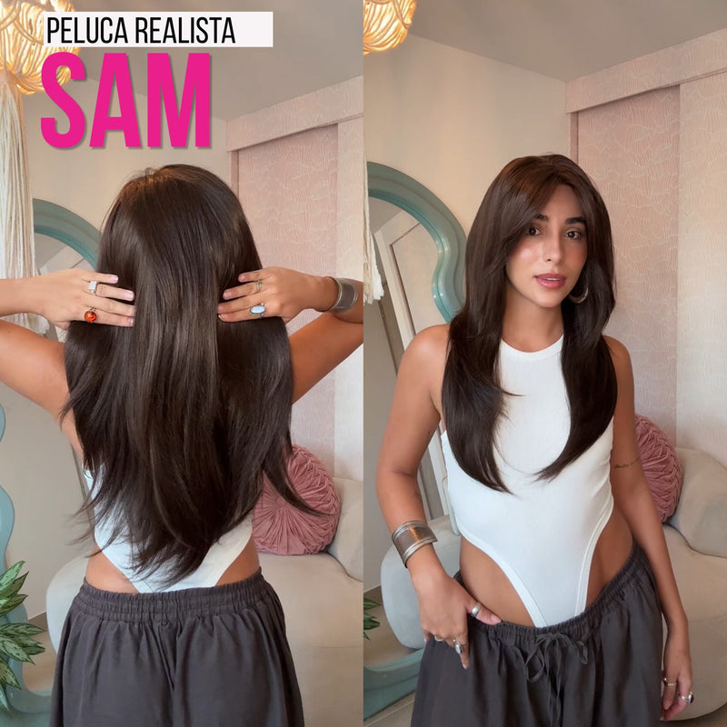 Peluca realista Peluca Realista Sam 22 pulgadas castaño medio con visos, corte mariposa — imagen 2 de 2