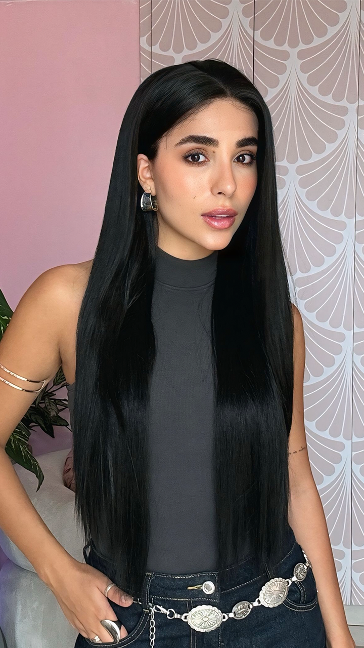 Peluca efecto realista lace 13x4, extra long, lisa, negra