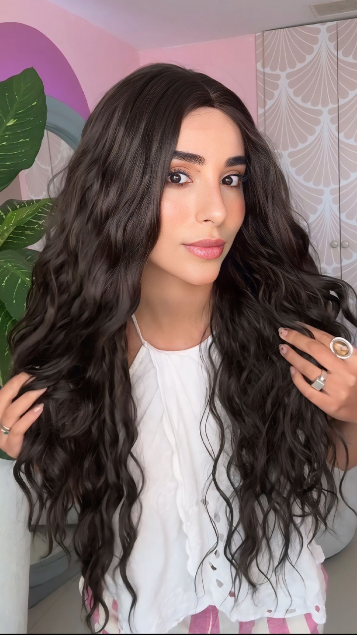 Peluca efecto cuero cabelludo, long, onda natural, castaño