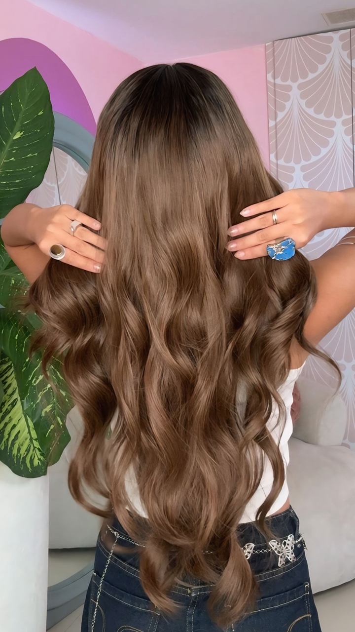 Peluca realista, lace 13x6, long, castaña base oscura, onda suave