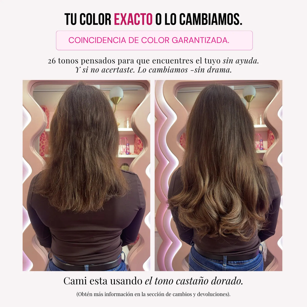 Modelo usando extensiones Gin 16" de MyDollHair — asesoría de color y tonos